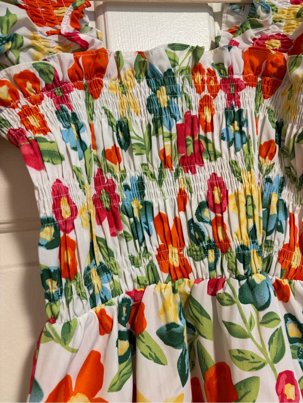 THML White Floral Smocked Summer Top with Orange & Pink Blossoms - Picture 2 of 5